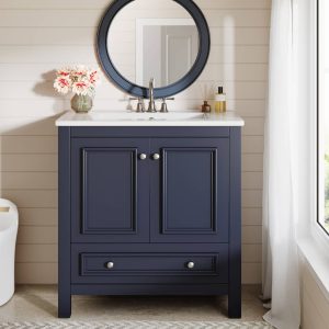 Bathroom Vanity with Sink, Solid Wood Frame Freestanding Vanity with Door Organizer and Drawer