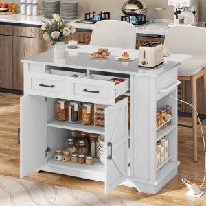 Moasis Drop Leaf Kitchen Island Cart with Stainless Steel Top And Power Outlets