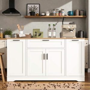 Multi-Functional Storage Sideboard & Extendable Dining Table with Adjustable Shelves, 3-Tier Pull-Out Rack