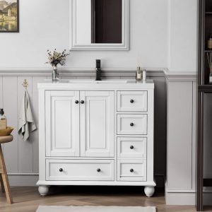 Retro Bathroom Vanity Cabinet Solid Wood Classic with Sink & Faucet