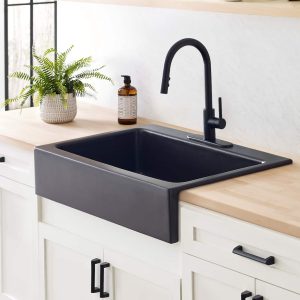 Parker Matte Black Fireclay 34″ Single Bowl Quick-Fit Farmhouse Apron Front Drop-in Kitchen Sink and Drain
